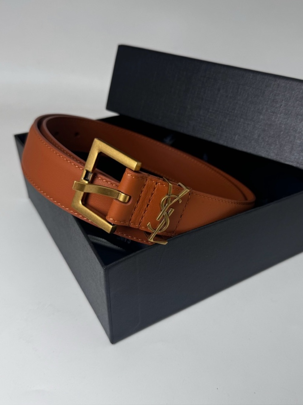 Saint Laurent Brown Leather Belt with Gold Hardware Size 90